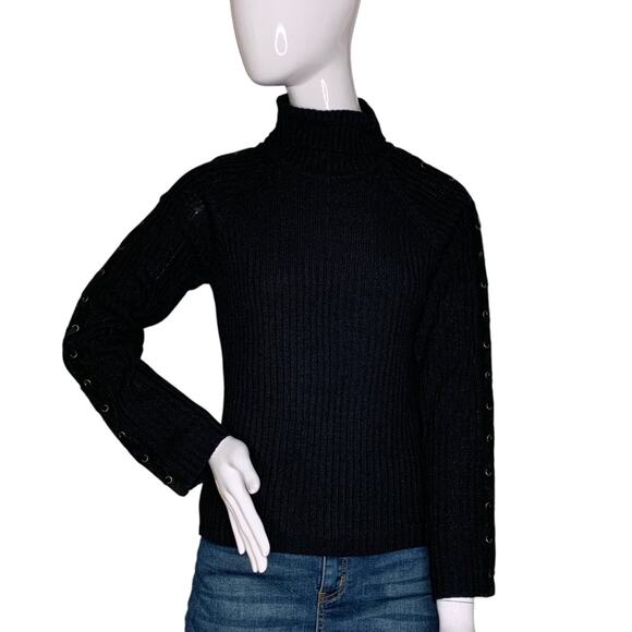 Nina Leonard Ribbed Turtleneck Sweater Top Black Size M Grommeted Lace Up Sleeve - Picture 1 of 10